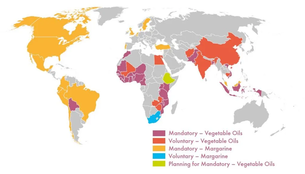 49 countries mandate fortification of vegetable oils or fats. (Source: Hoogendoorn et al. 2FASEC. 2016)