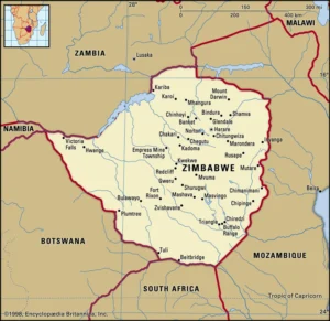 Zimbabwe on the map. Source: Britannica